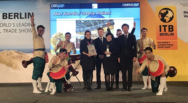In photo, front row: Ms. Denduen Luengcheng (3rd from left), Director of TAT Frankfurt Office; Mrs. Patsee Permvongsenee (Centre), Director of Europe, Africa and Middle East Market Division; and Mr.Pongthong Intratat (2nd from right), Deputy Director, TAT Frankfurt Office, received the award on behalf of the TAT