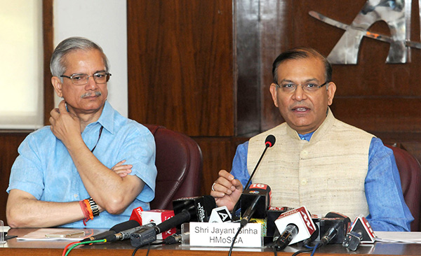 The Minister of State for Civil Aviation, Shri Jayant Sinha briefing the media on the proposed Passenger Charter and aspects of Air Sewa etc., in New Delhi. The Secretary, Ministry of Civil Aviation, Shri R.N. Choubey is also seen.