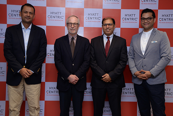 The launch event of the Hyatt Centric brand in India was attended by (L-R) Dhruva Rathore, Director of Development - ‎Hyatt Hotels & Resorts, Peter Fulton, Group President – Europe, Africa, Middle East and South West Asia, Hyatt Hotels Corporation, Sunjae Sharma, Vice President India Operations, Hyatt Hotels and Resorts, and Varun Mohan, General Manager, Hyatt Centric MG Road Bangalore.