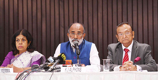 The Minister of State for Tourism (I/C), Shri Alphons Kannanthanam briefing the media about the ‘Indian Tourism Mart’ to be held from 16th to 18th September 2018, in New Delhi. The Secretary, Ministry of Tourism, Smt. Rashmi Verma and the Chairman of the organizing Committee and FAITH Secretary, Shri Subhash Goyal are also seen.