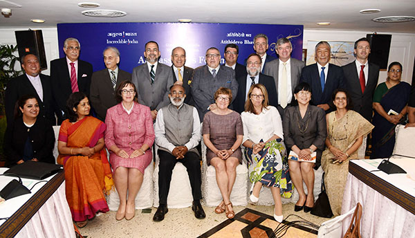 The Minister of State for Tourism (I/C), Shri Alphons Kannanthanam with the Ambassadors and Diplomatic representatives after an interactive session with them to promote bilateral tourism, in New Delhi. The Secretary, Ministry of Tourism, Smt. Rashmi Verma is also seen.