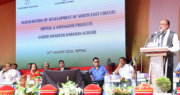 The Minister of State for Tourism (I/C), Shri Alphons Kannanthanam addressing at the inauguration of the ‘Development of North East Circuit: Imphal & Khongjom projects’ under Swadesh Darshan Scheme, in Imphal, Manipur. The Governor of Manipur, Dr. Najma Heptulla, the Chief Minister of Manipur, Shri N. Biren Singh and other dignitaries are also seen.