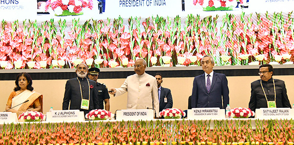 The President, Shri Ram Nath Kovind at the inauguration of the “International Buddhist Conclave- 2018”. The Minister of State for Tourism (I/C), Shri Alphons Kannanthanam, the Ambassador of Japan to India, Mr. Kenji Hiramatsu and the Secretary, Ministry of Tourism, Smt. Rashmi Verma are also seen.