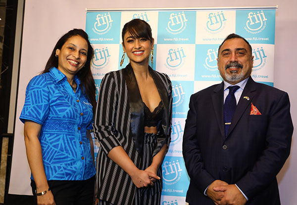 Tourism Fiji Brand Ambassador Ileana D'cruz with the High Commissioner of the Republic of Fiji, His Excellency, Yogesh Punja & Country Manager India, Seema Kadam at the unveiling of their brand campaign