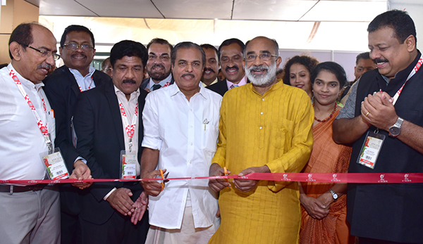 Union Tourism Minister of State (IC) Mr. K J Alphons along with Mr. M Vijayakumar, Chairman, KTDC inaugurates the exhibition stalls and pavilions at the tenth edition of Kerala Travel Mart (KTM).  Mrs Rani George, Tourism Secretary, Kerala (second from right); Mr. Baby Mathew, President, KTM Society (third from left); and Mr. Abraham George, former President, KTM, (second from left) are also seen