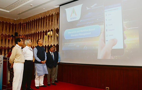 The Union Minister for Commerce & Industry and Civil Aviation, Mr. Suresh Prabhakar Prabhu at the launch of the AirSewa 2.0: Upgraded Web Portal and Mobile App for air passengers, in New Delhi. The Minister of State for Civil Aviation, Mr. Jayant Sinha and the Secretary, Ministry of Civil Aviation, Mr. R.N. Choubey are also seen.