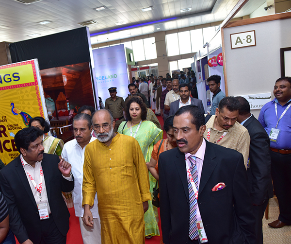 Union Tourism Minister of State (IC) Mr. K J Alphons makes a round of the various exhibition stalls and pavilions at the tenth edition of Kerala Travel Mart (KTM). Mr. M Vijayakumar, Chairman, KTDC (second from left); Mr. Baby Mathew, President, KTM Society (extreme left); and  Mr. E M Najeeb, Senior Vice President, Indian Association of Tour Operators (IATO) (extreme right) are also seen.