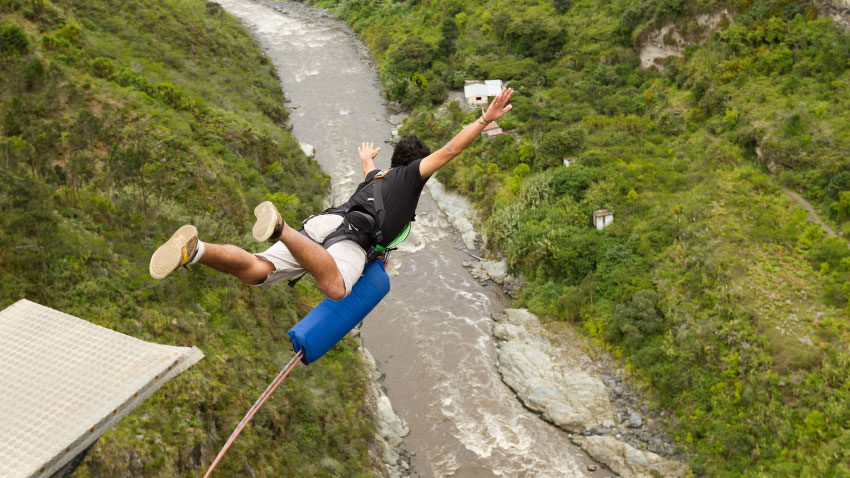 Man jumps of the board for Bungee Jumping in Uttarakhand 